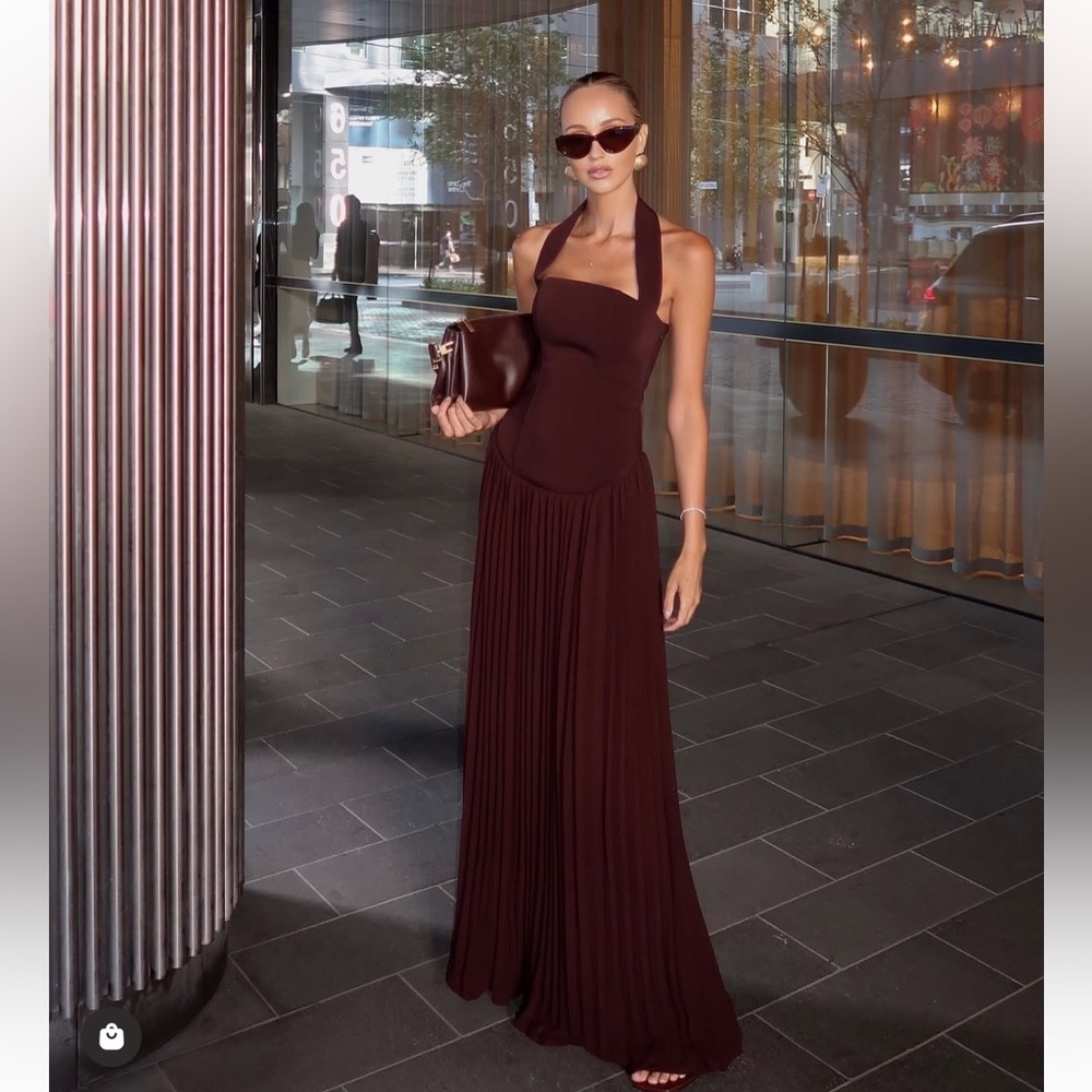 Meshki Brown Pleated Halter Maxi Gown- VIRAL. Sold out - Picture 3 of 5